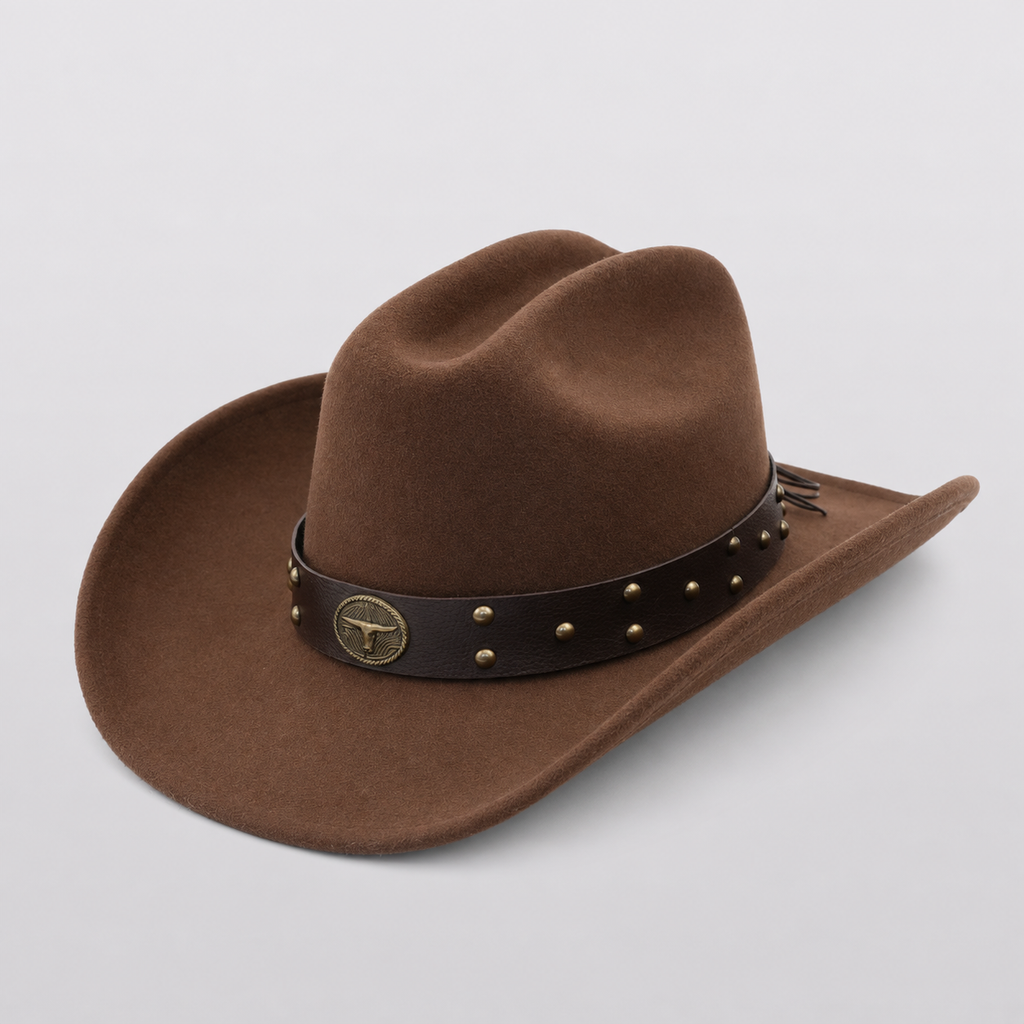 Chapeau cowboy marron WICHITA, grand bord et bandeau clouté à concho longhorn