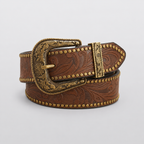 Ceinture western marron LAREDO, boucle gravée à motifs floraux