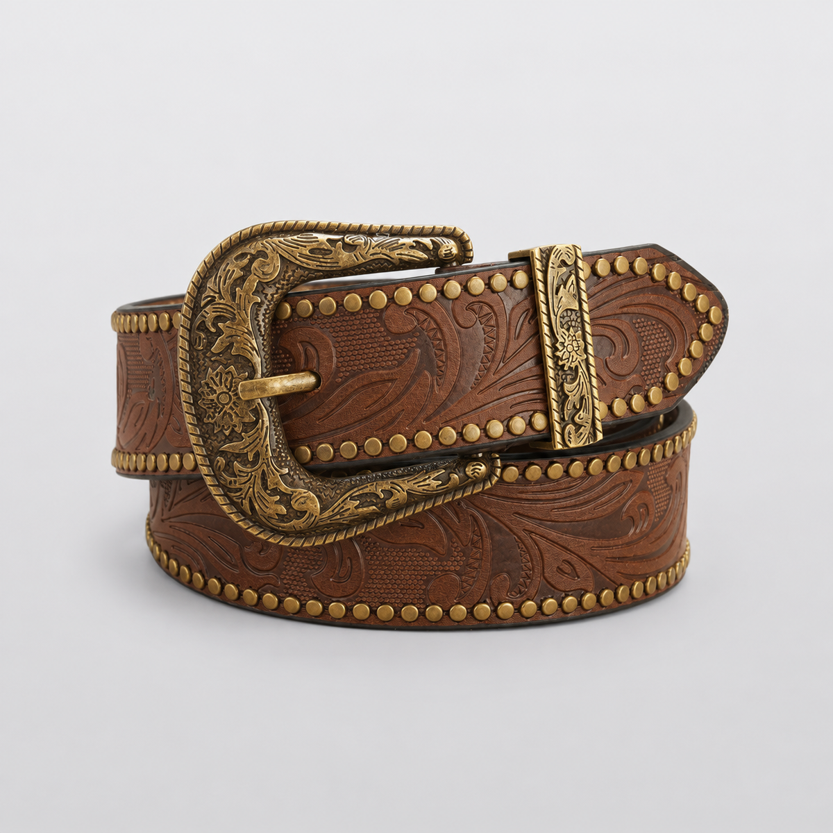 Ceinture western marron LAREDO, boucle gravée à motifs floraux
