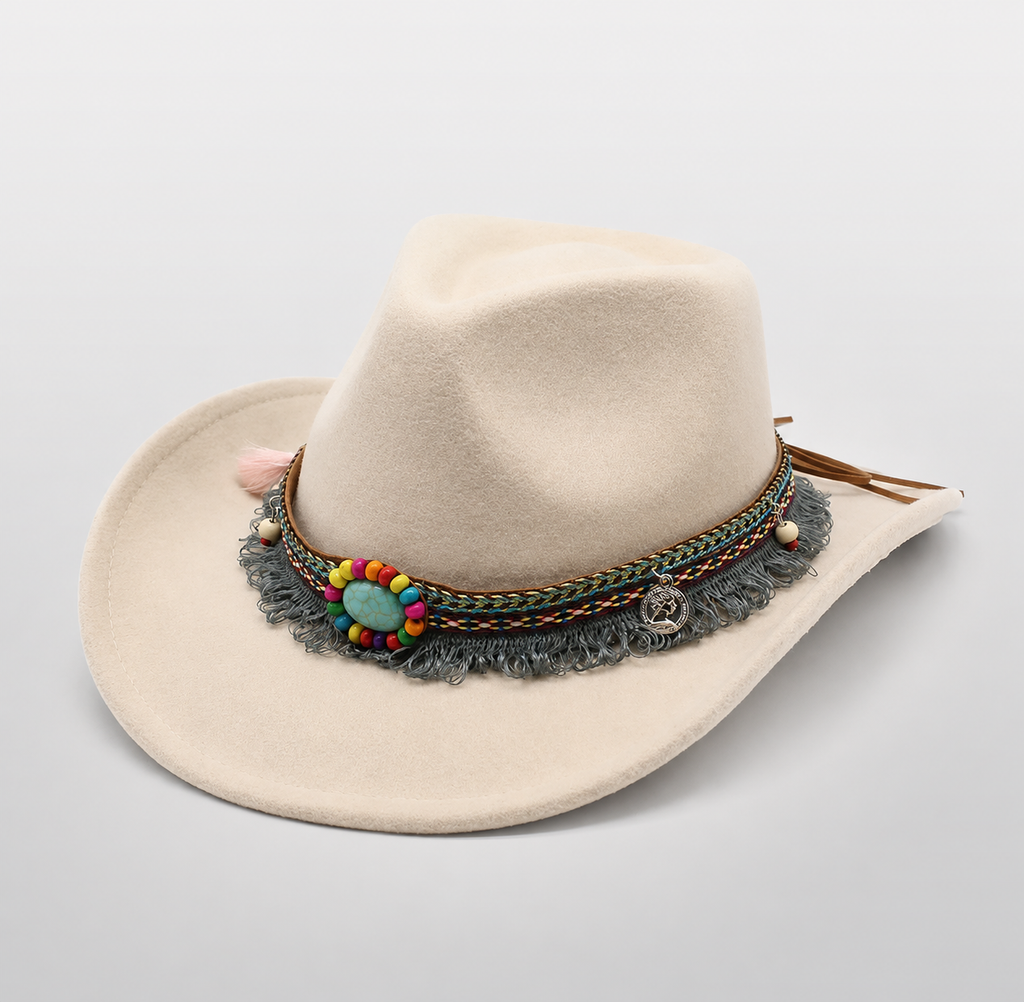 Chapeau western bohème beige SIERRA, large bord et bandeau à perles et franges