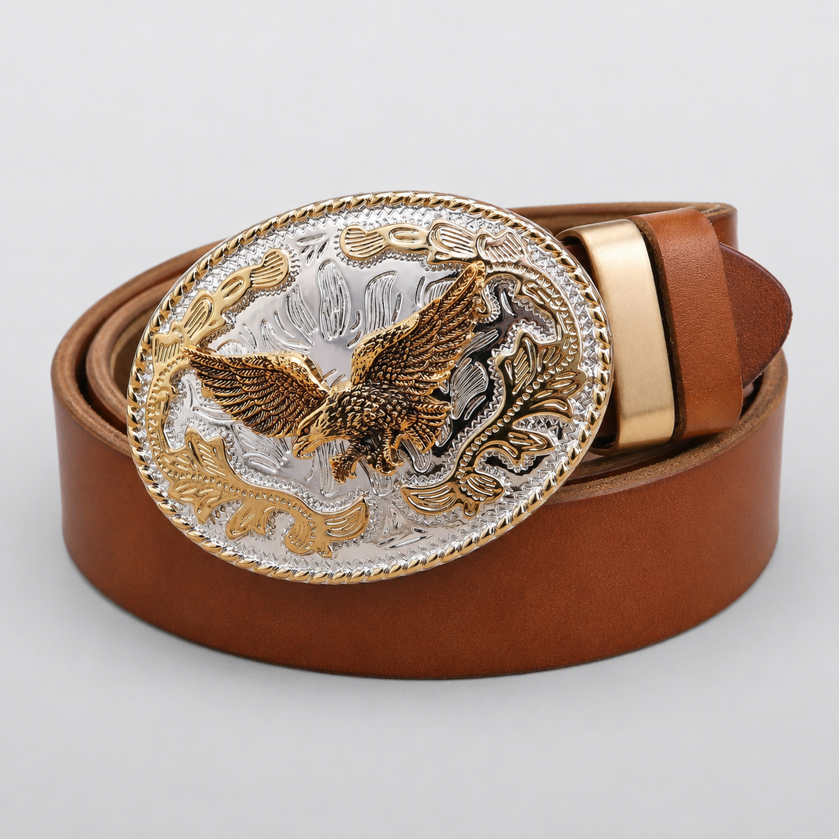 Ceinture en cuir marron CHISHOLM, grande boucle dorée à motif aigle