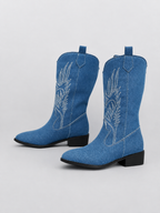 Bottes cowboy femme bleu denim PHIRA, bout pointu mi-mollet et talon carré