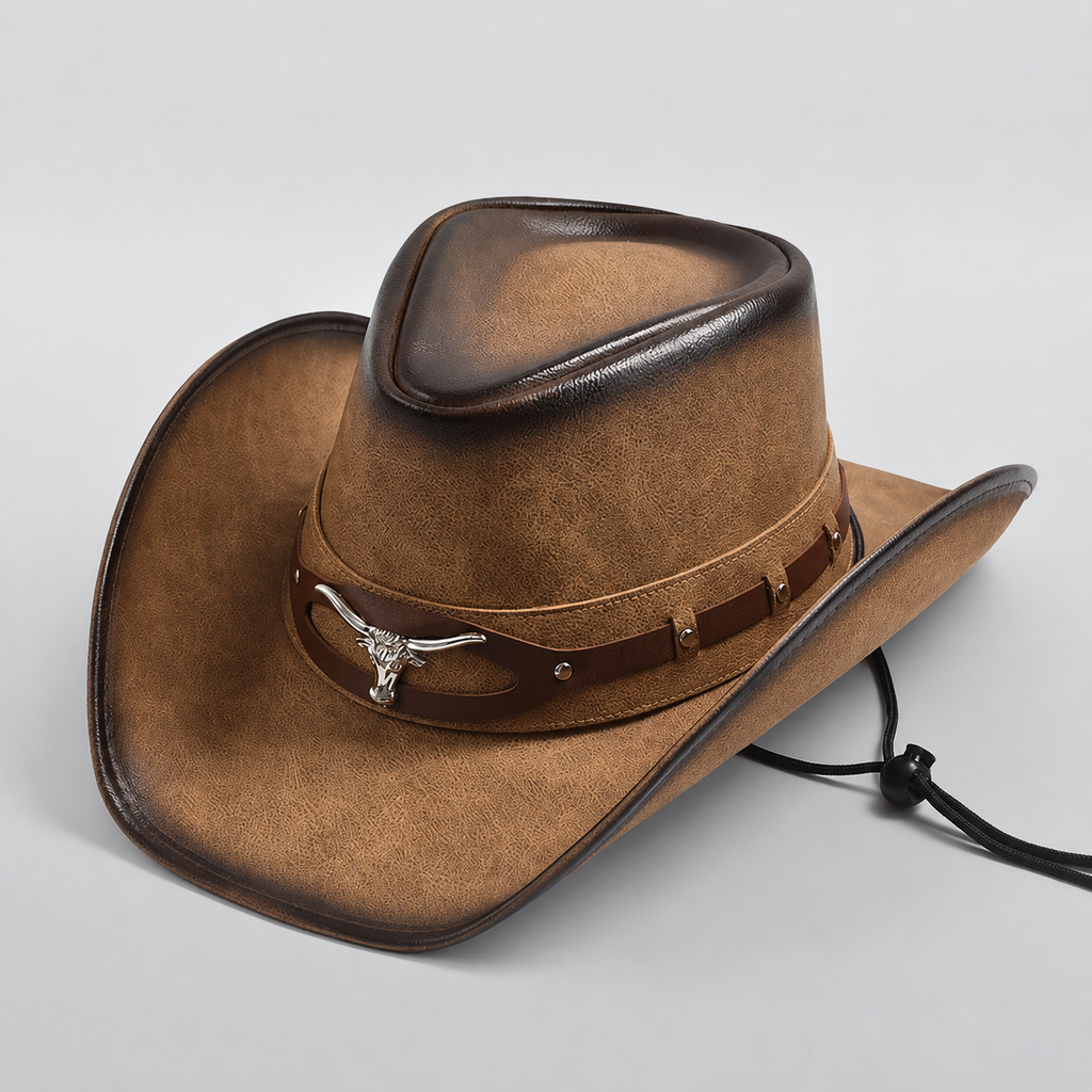 Chapeau cowboy en cuir marron DURANGO, silhouette fedora avec ceinture cloutée