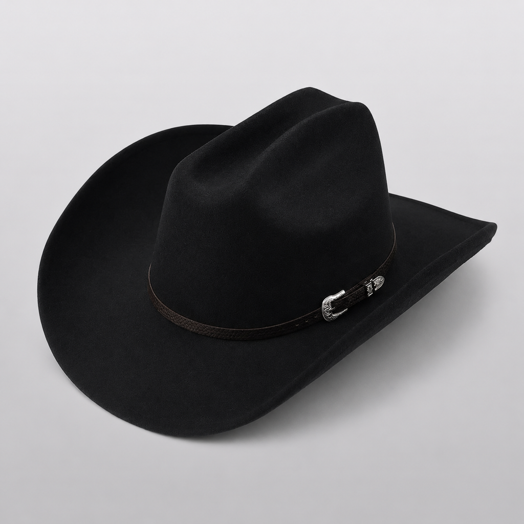 Chapeau cowboy western noir DAKOTA, grand bord et lanière en cuir
