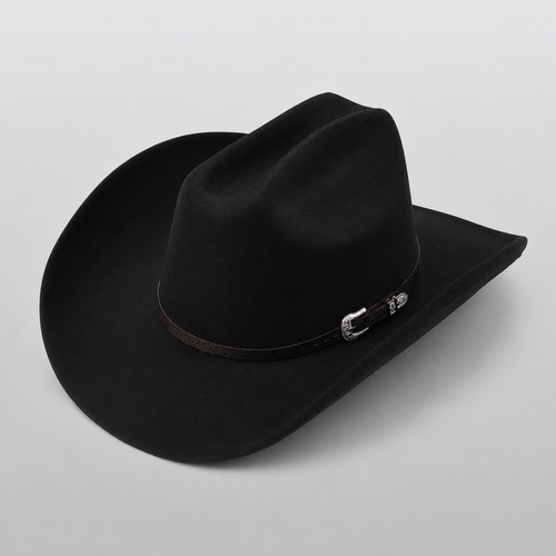 Chapeau cowboy western noir DAKOTA, grand bord et lanière en cuir