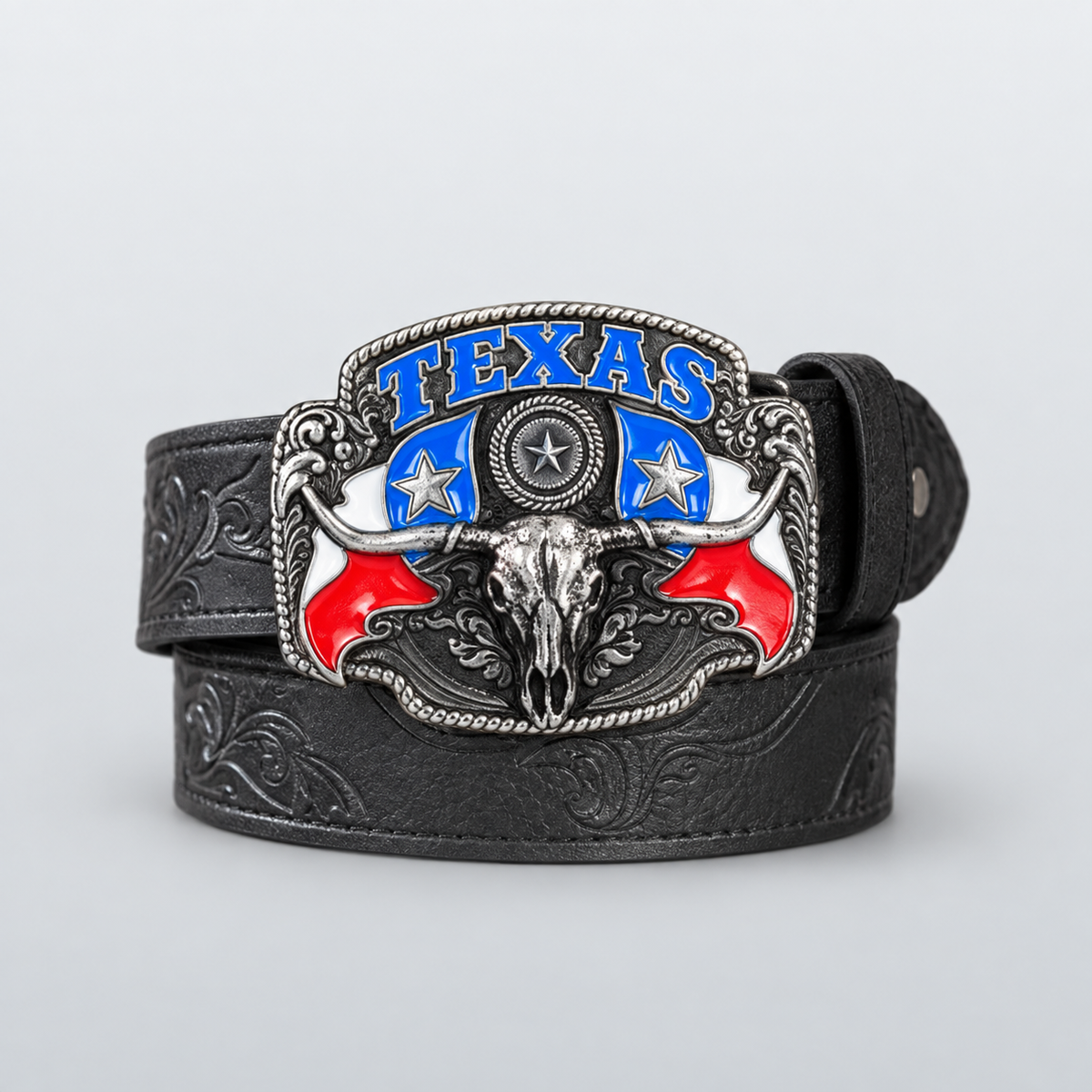 Ceinture western noire LONGHORN, boucle en métal à tête de longhorn