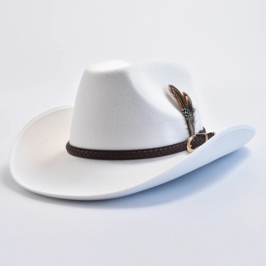 Chapeau fedora western blanc MARFA, large bord et bandeau tressé à plume