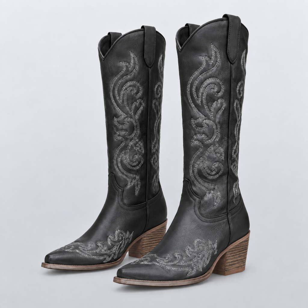 Bottes western femme noires PALOMA, broderies géométriques et bout pointu