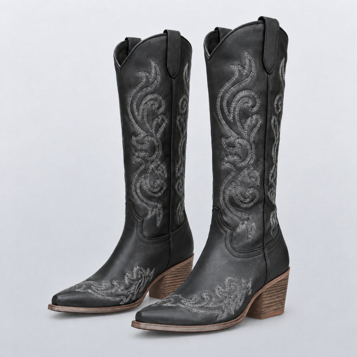 Bottes western femme noires PALOMA, broderies géométriques et bout pointu