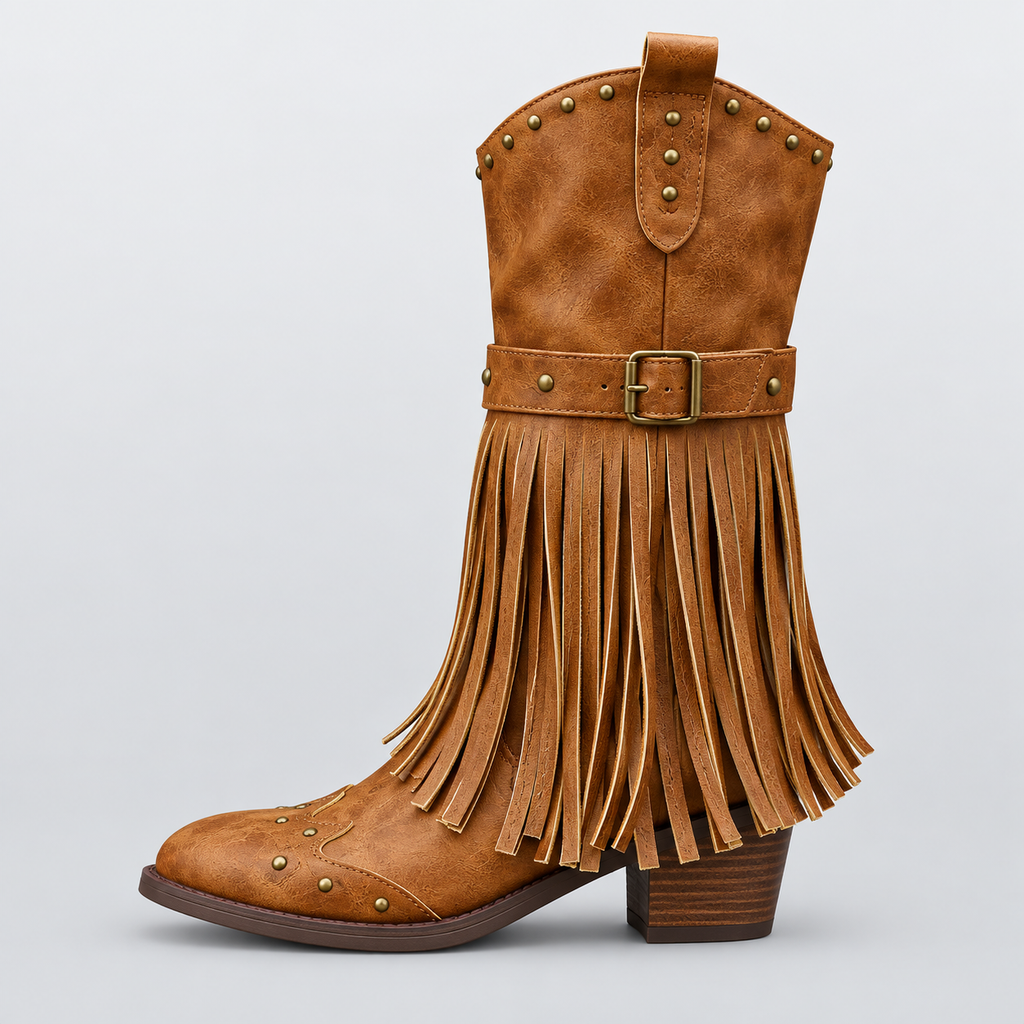 Bottes western femme marron SAVANNAH, mi-mollet à franges et talon carré