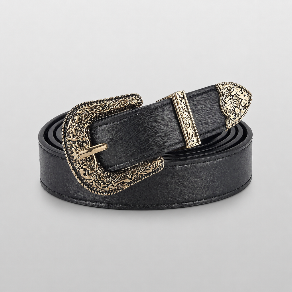 Ceinture western noire SANTA FE, boucle ciselée à motifs baroques
