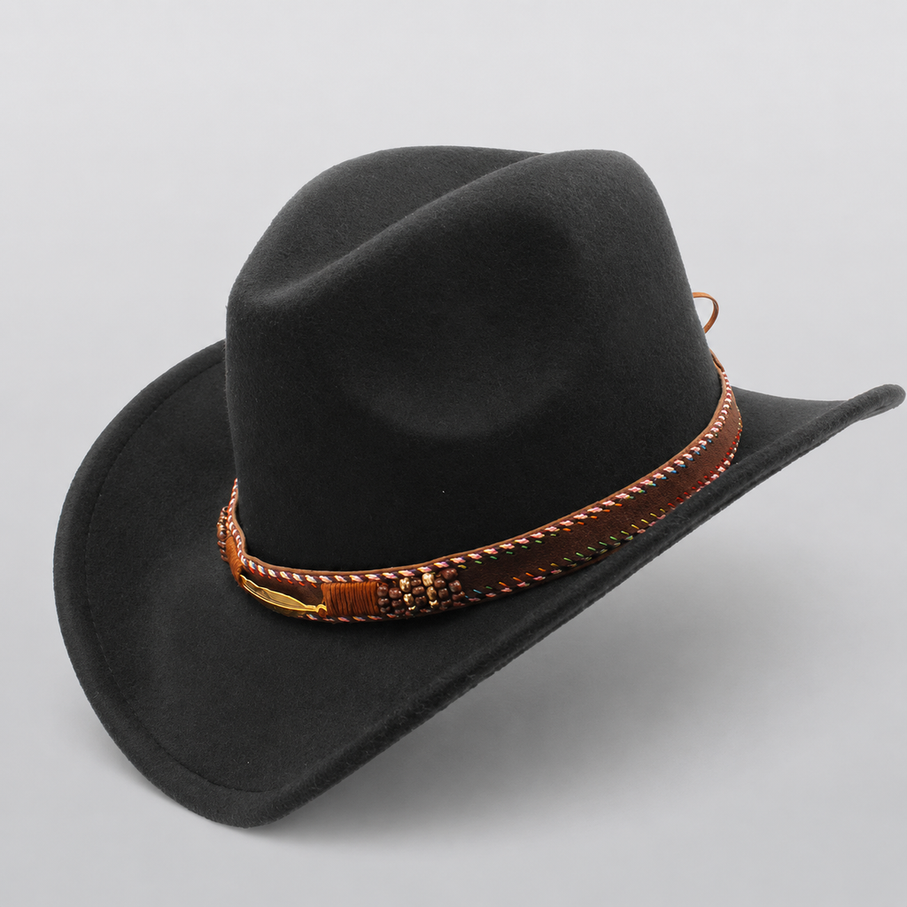 Chapeau fedora western noir AMARILLO, large bord et bandeau tressé à breloque plume