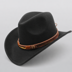 Chapeau fedora western noir AMARILLO, large bord et bandeau tressé à breloque plume